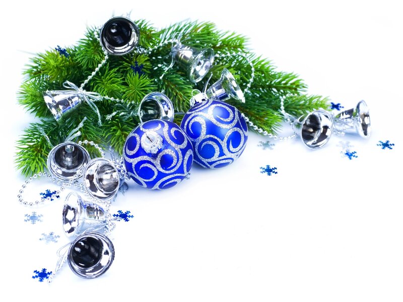 Blue Ornaments on Pine — Festive, Winter, Photograph, Pine Branches, Bells