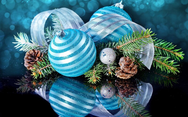 Blue Ornaments on Pine — Festive, Winter, Photograph, Pine Branches, Pinecones