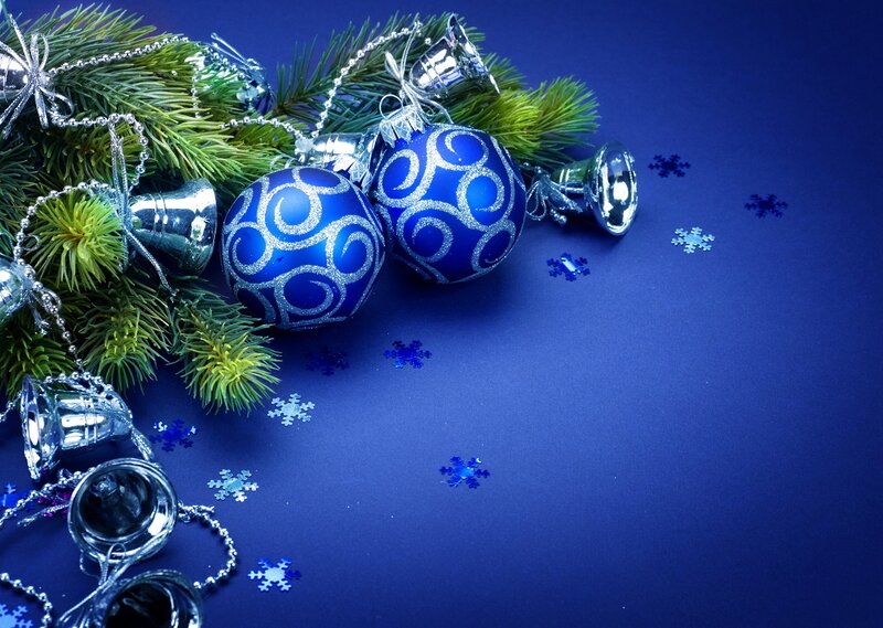 Blue Ornaments on Pine — Festive, Winter, Photograph, Pine Branches, Snowflakes