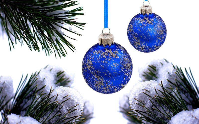 Blue Ornaments on Pine — Festive, Winter, Photograph, Pine Branches