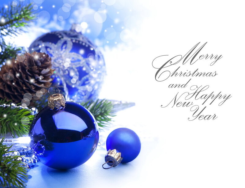 Blue Ornaments on Pine — Festive, Winter, Photograph, Pine Cone