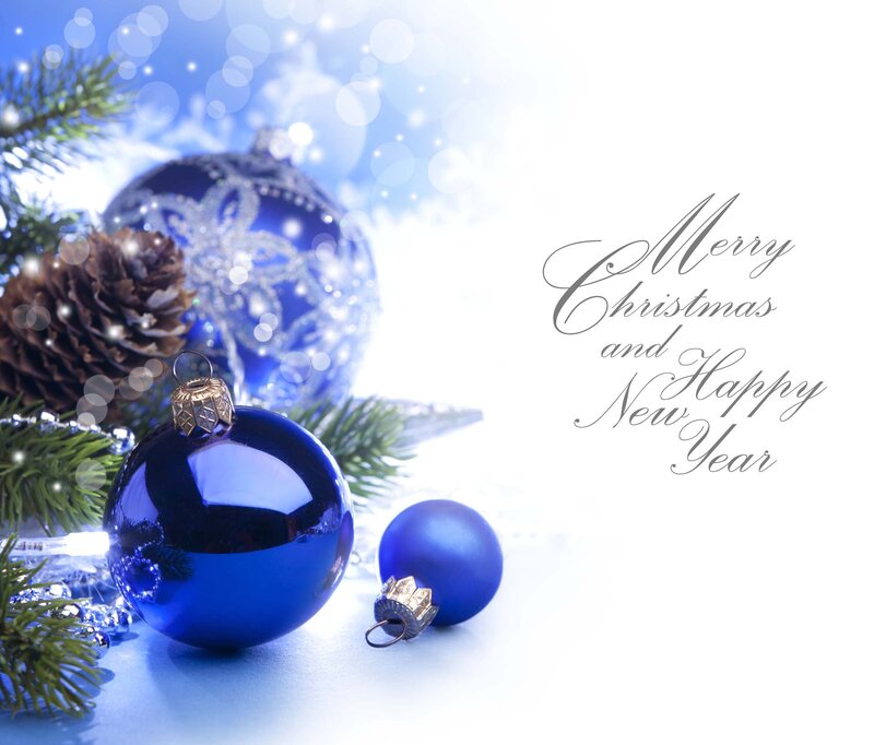 Blue Ornaments on Pine — Festive, Winter, Photograph, Pine Cones