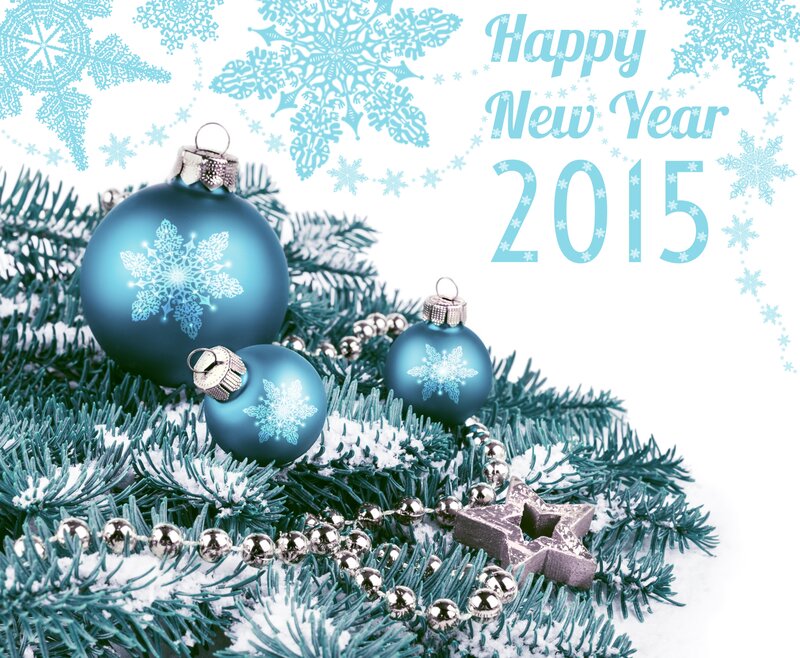 Blue Ornaments on Pine — Festive, Winter, Photograph, Snowflakes