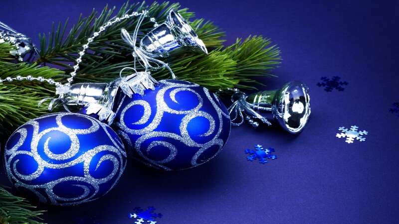 Blue Ornaments on Pine — Festive, Winter, Photograph