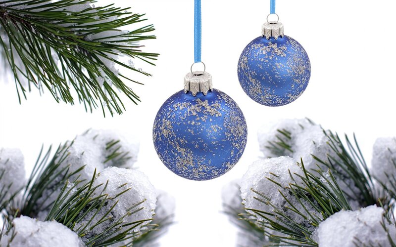 Blue Ornaments on Pine — Festive, Winter
