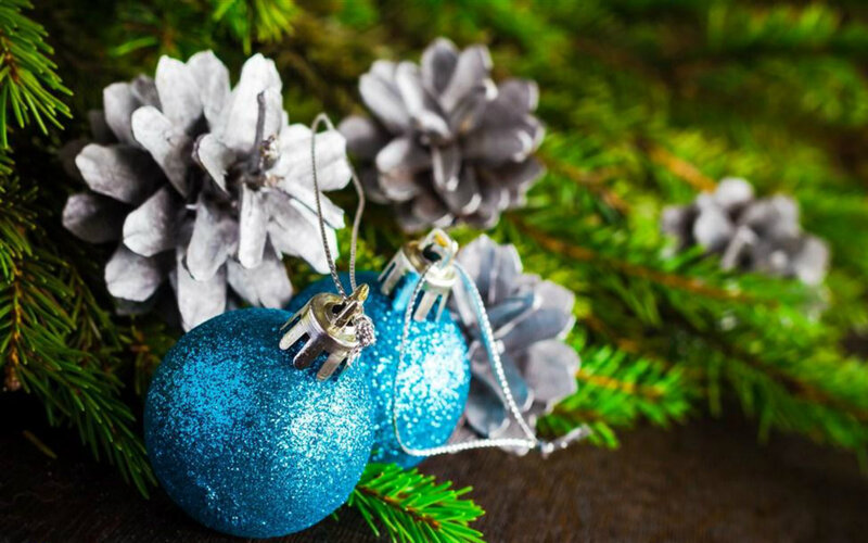 Blue Ornaments on Pine — Green, Festive