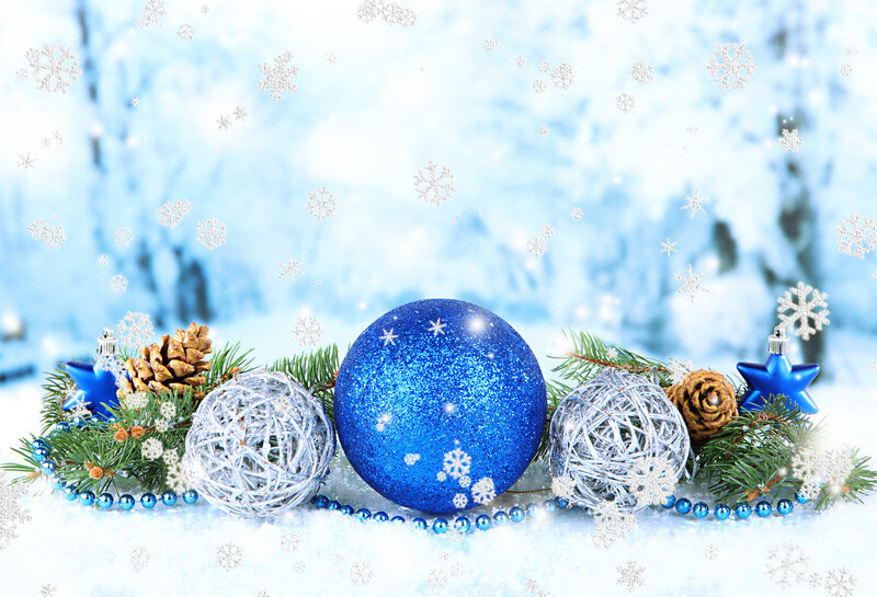 Blue Ornaments on Snow — Festive, Winter