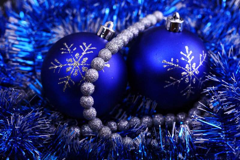 Blue Ornaments on Tinsel — Festive