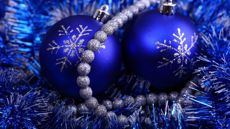 Blue Ornaments on Tinsel — Festive, Winter, Photograph, Snowflakes, Beads