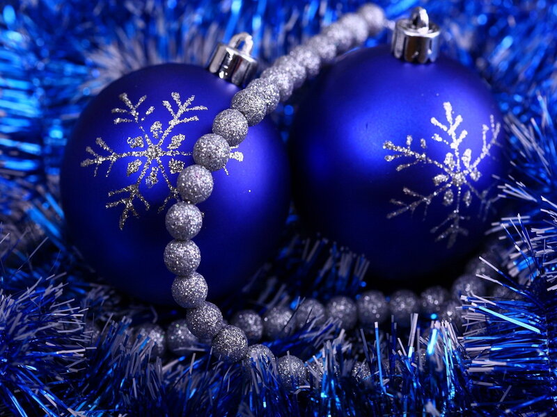 Blue Ornaments on Tinsel — Festive, Winter