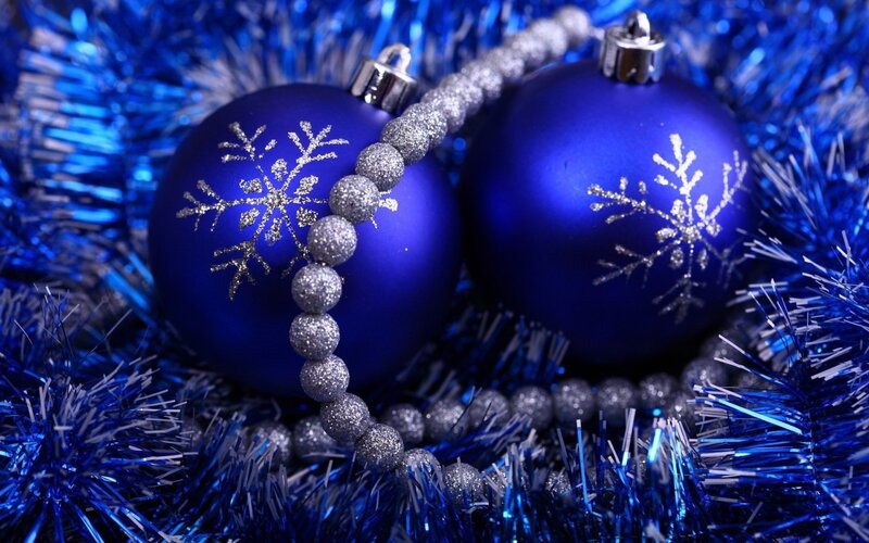 Blue Ornaments on Tinsel