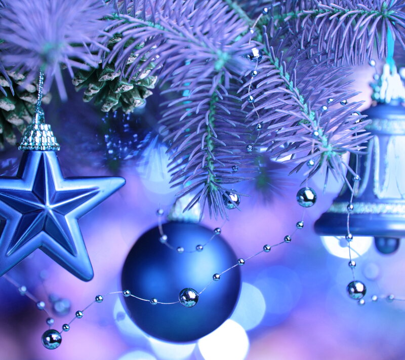 Blue Ornaments on Tree — Festive, Winter, Photograph
