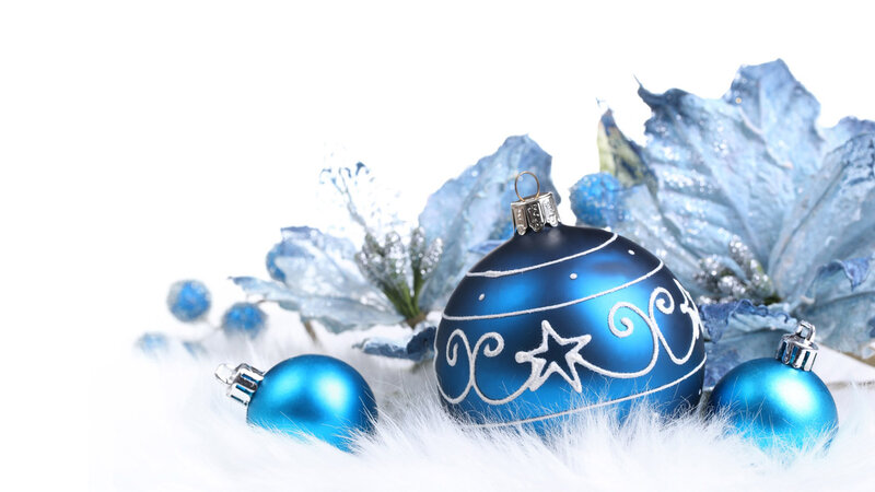 Blue Ornaments on White Fur — Festive