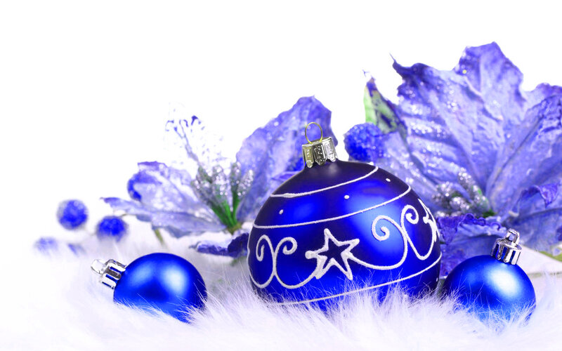 Blue Ornaments on White Fur — Festive, Winter
