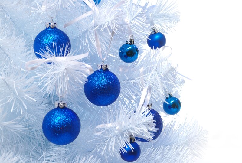 Blue Ornaments on White Tree — Festive