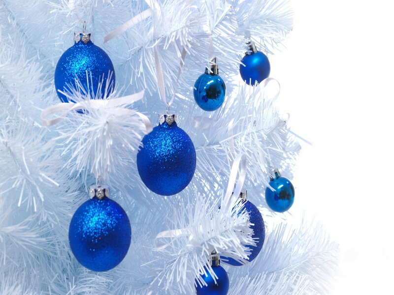 Blue Ornaments on White Tree — Festive, Winter, Photograph