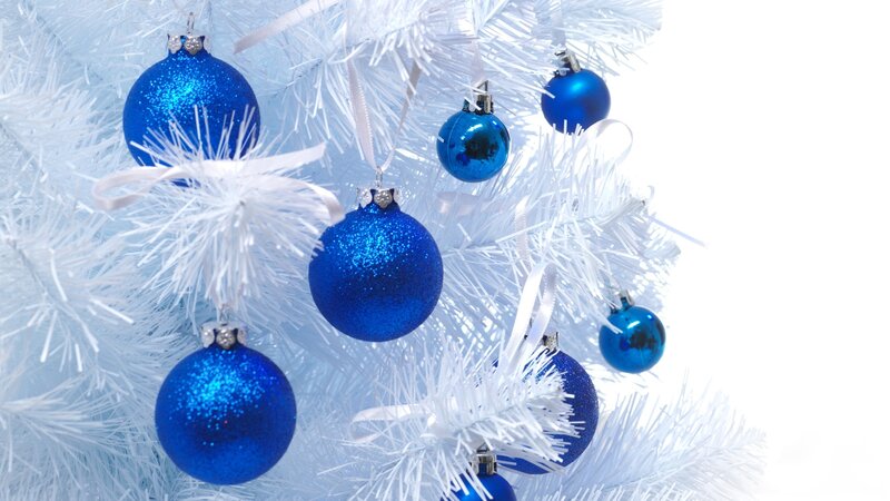 Blue Ornaments on White Tree — Festive, Winter