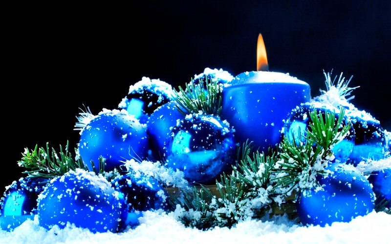 Blue Ornaments with Candle — Festive, Winter, Photograph, Pine Branches