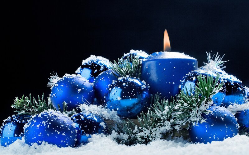 Blue Ornaments with Candle — Festive, Winter, Photograph