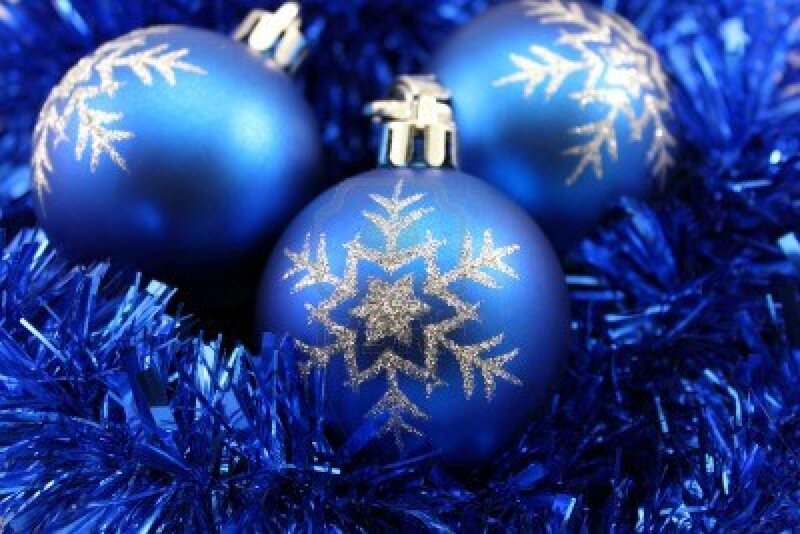 Blue Ornaments with Snowflakes — Festive, Winter, Photograph, Tinsel