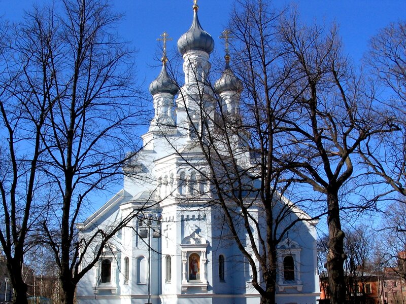Blue Orthodox church with onion domes