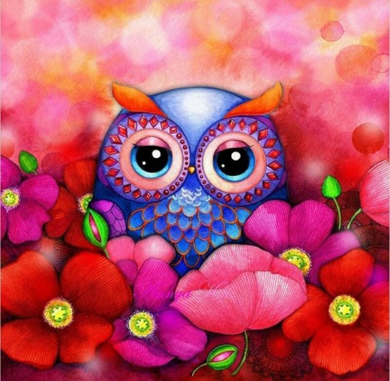 Blue Owl Among Flowers