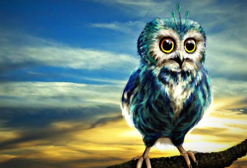 Blue Owl on Branch — Dramatic