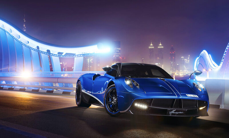 Blue Pagani Huayra at night