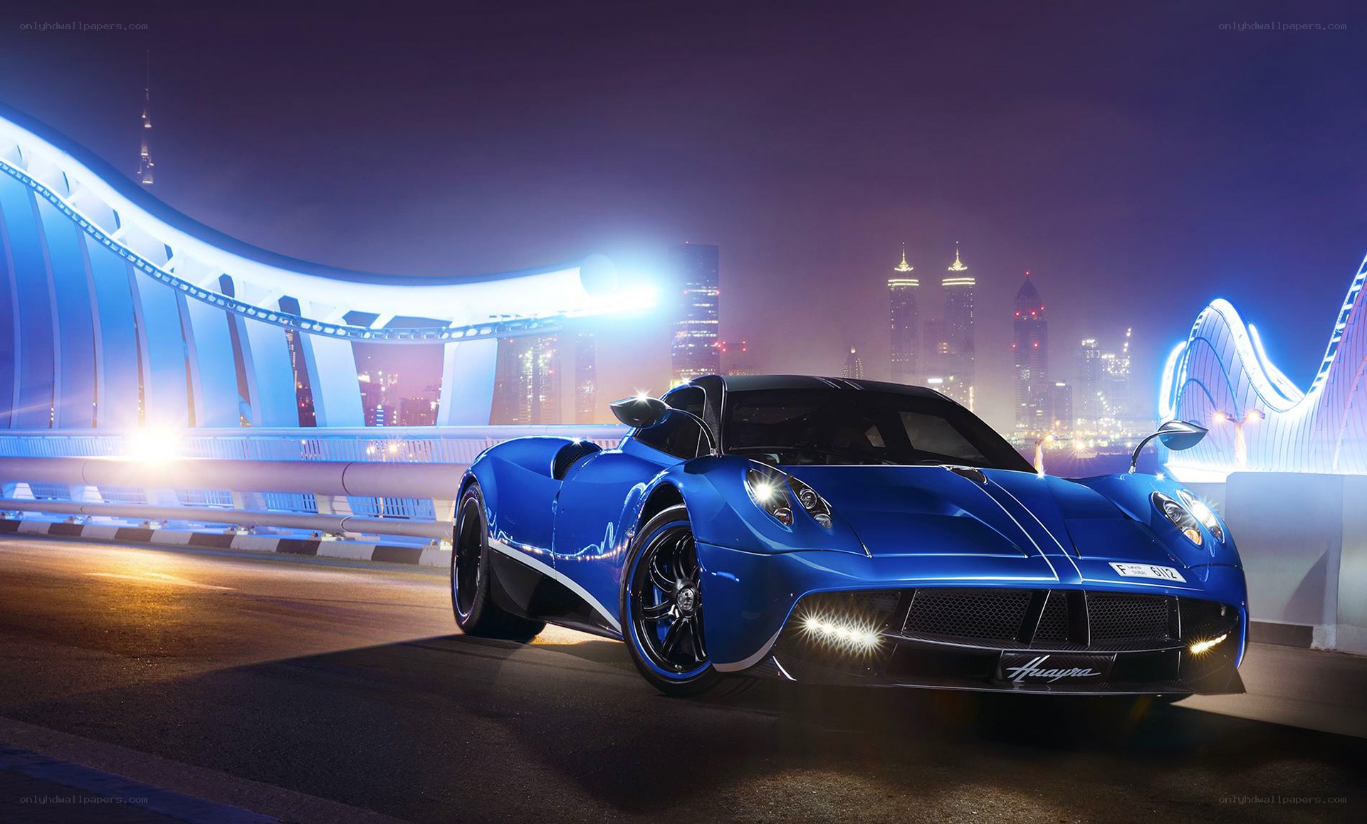 Blue Pagani Huayra at night