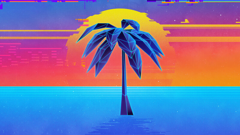 Blue Palm Tree — Retro, Sunset