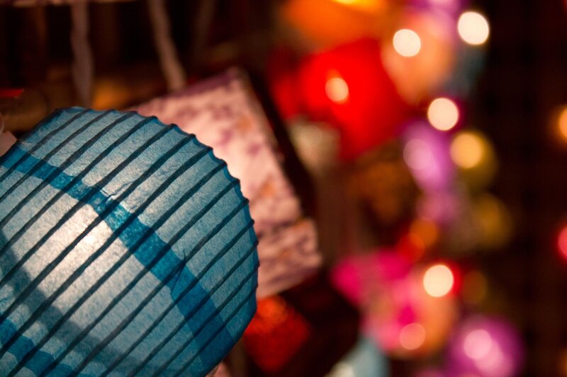 Blue paper lantern at night