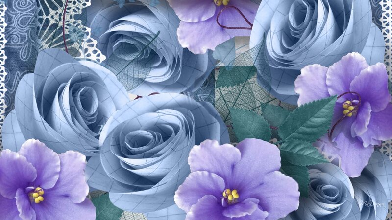 Blue Paper Roses and Violets