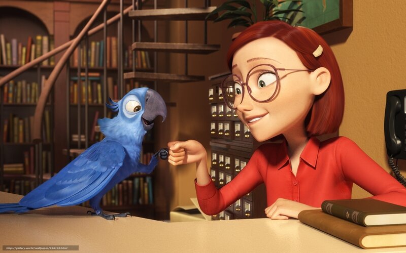 Blue parrot and woman at desk