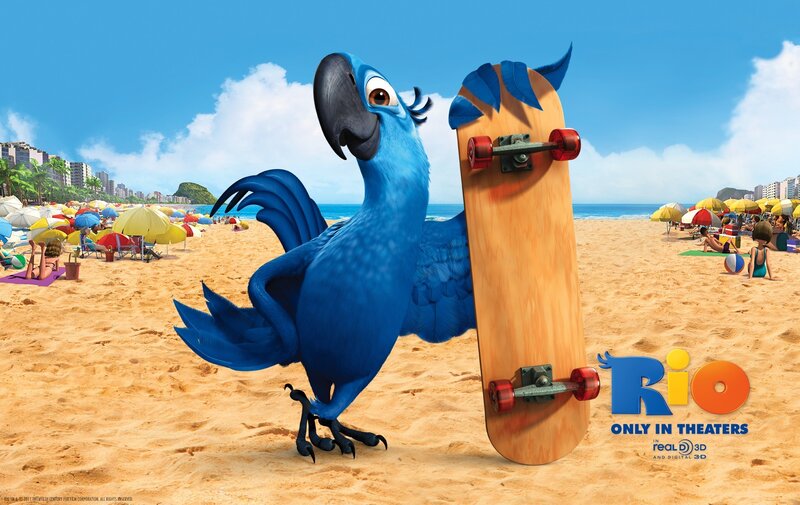 Blue parrot on beach with skateboard