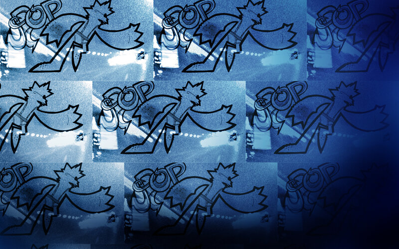 blue pattern with cartoon character
