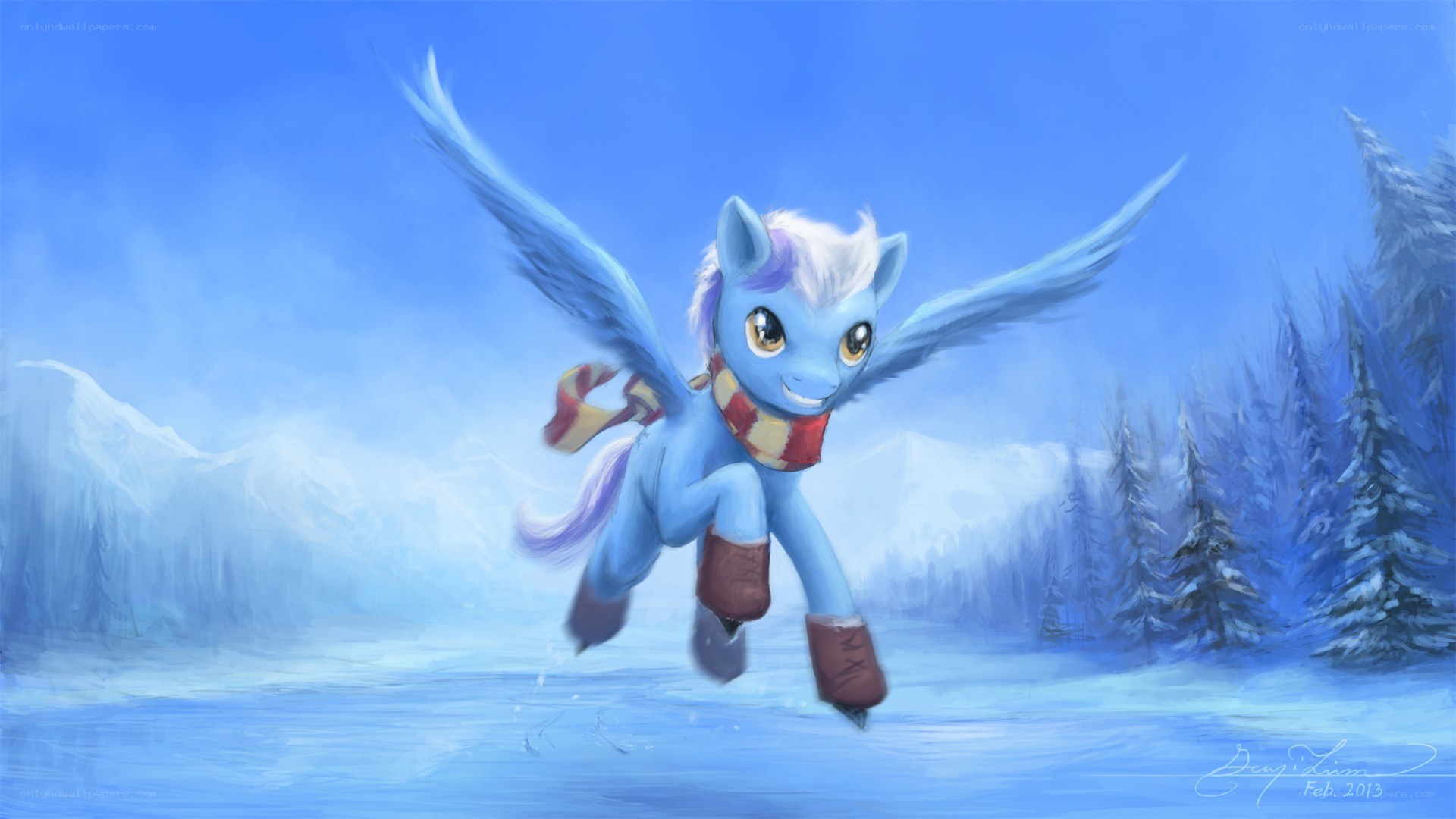 blue pegasus flying in winter