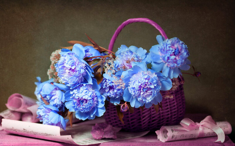 Blue Peonies in Basket