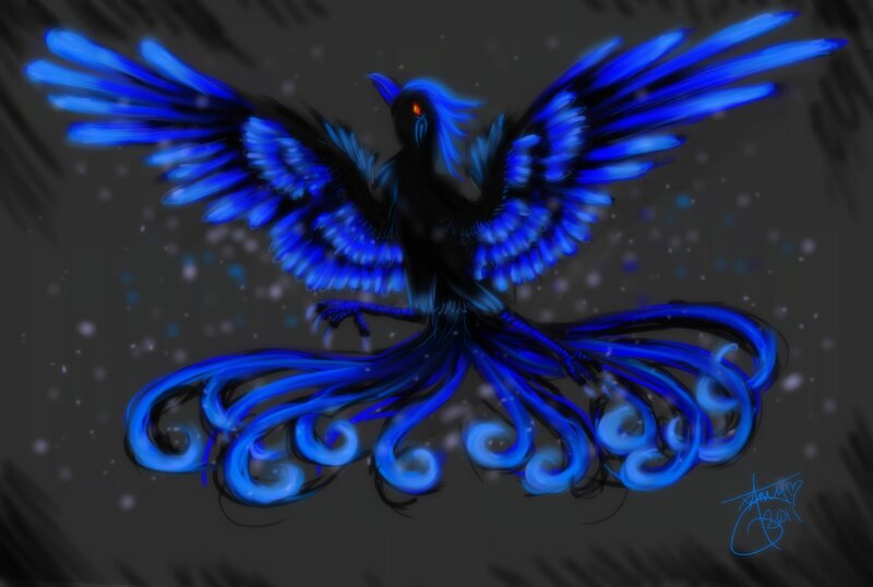 Blue Phoenix Bird — Dramatic, Night, Digital Art