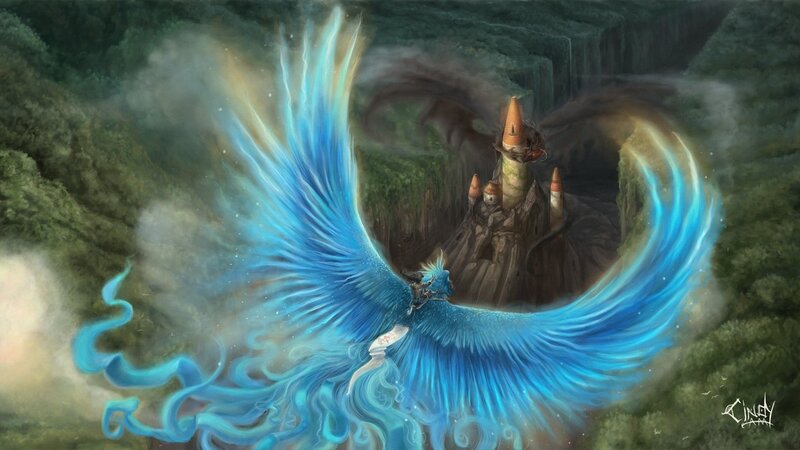 Blue phoenix flying over castle