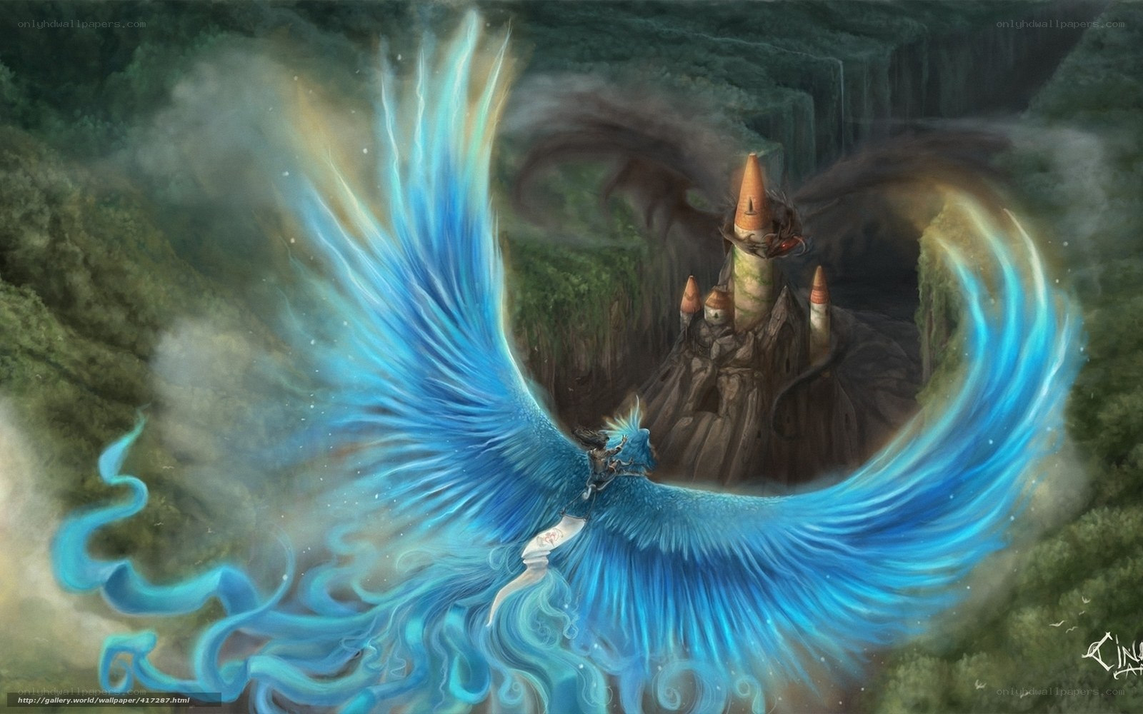 Blue phoenix flying over castle