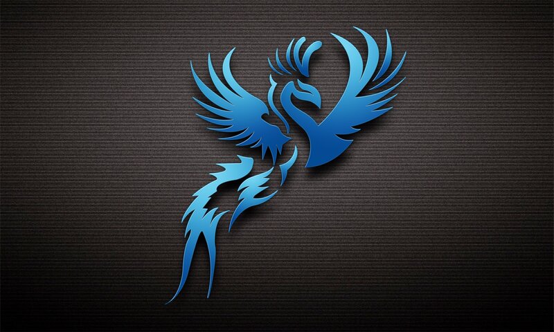 blue phoenix logo on dark background