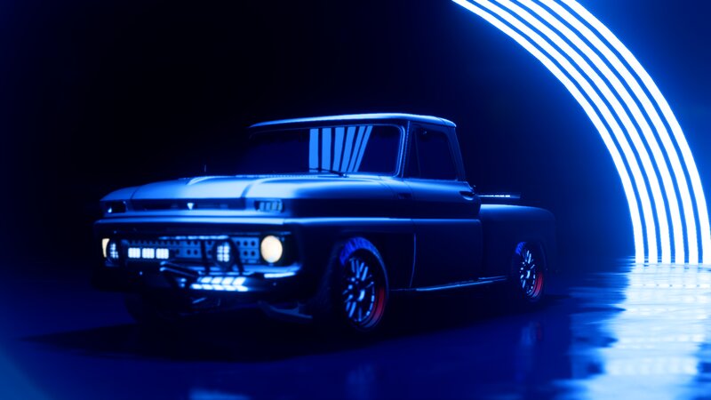 Blue Pickup Truck — Dramatic, Night