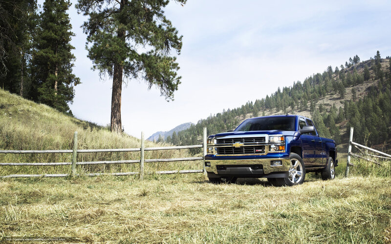 Blue pickup truck in a field