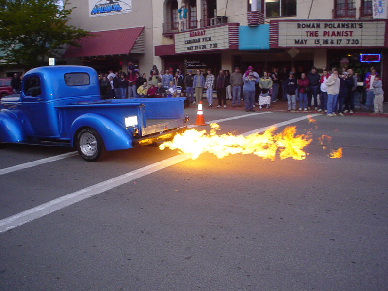 Blue Pickup Truck with Flames