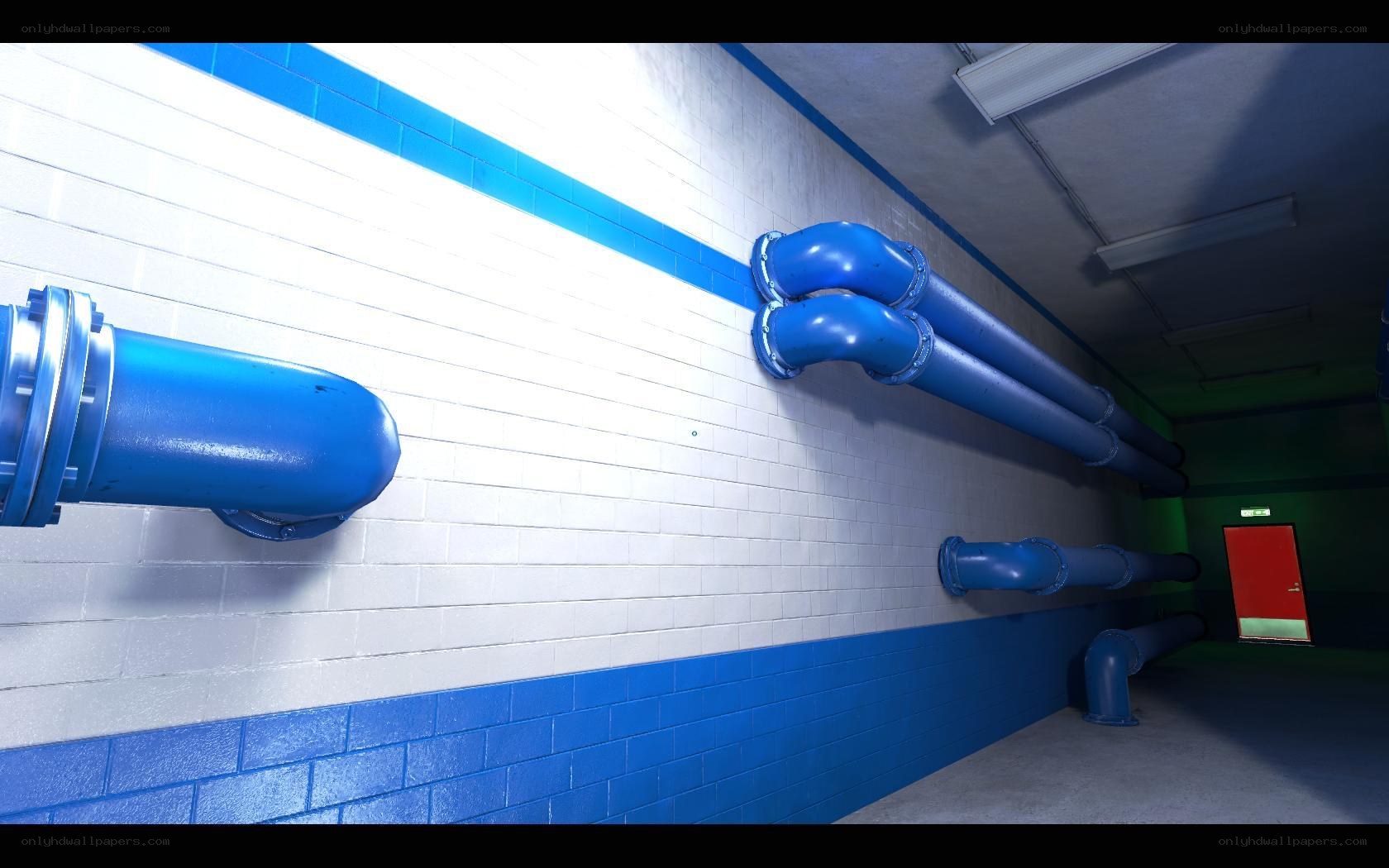 blue pipes in a corridor