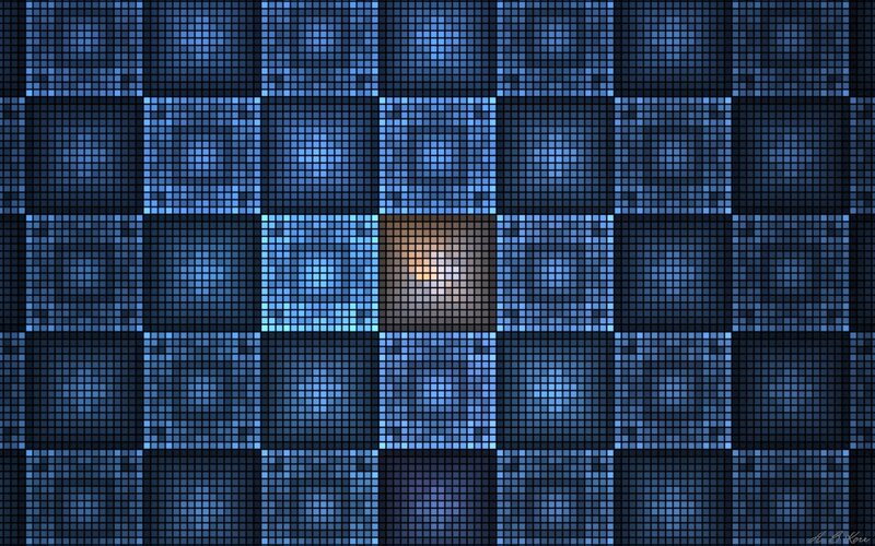blue pixel grid with central glow