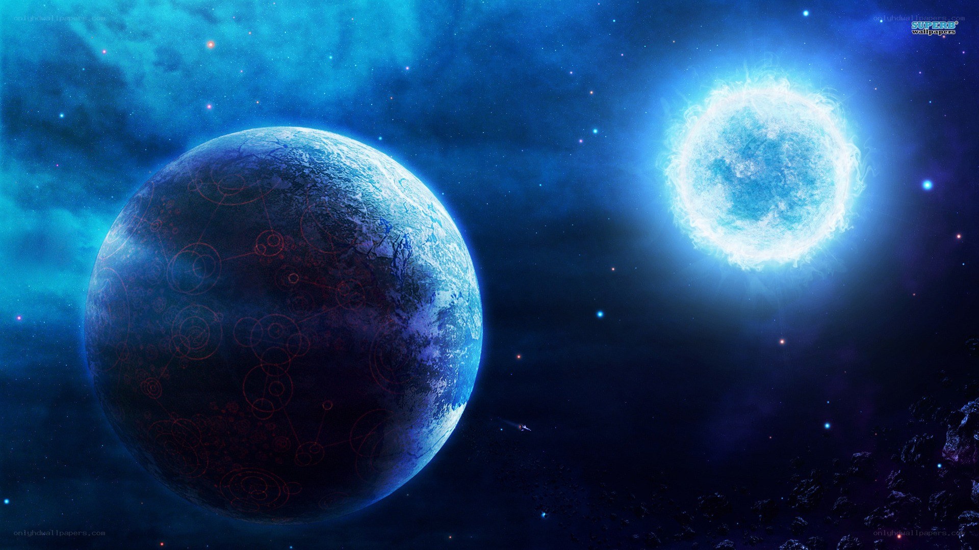 Blue planet and star in space