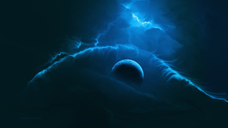 blue planet in cosmic clouds