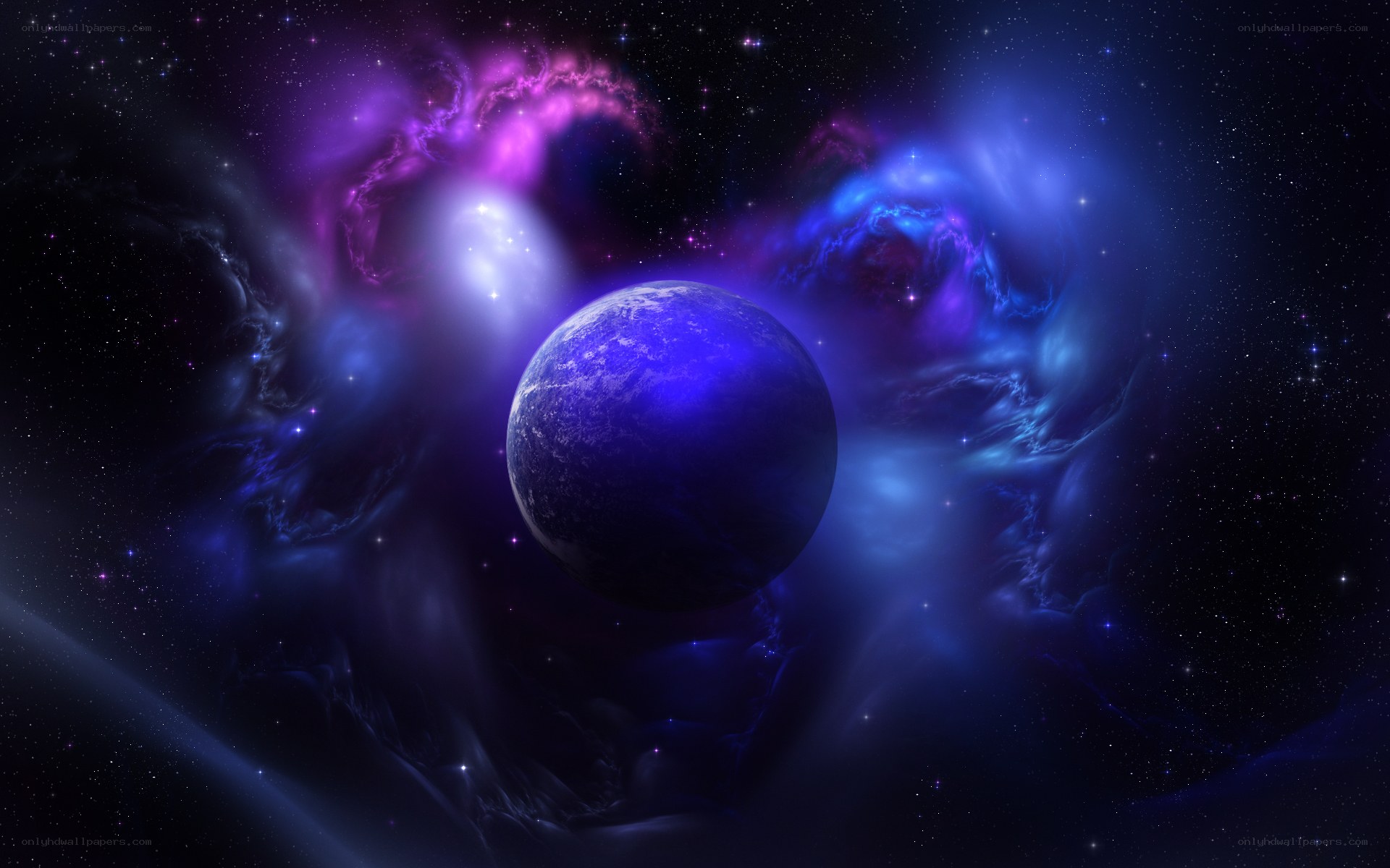 Blue planet in cosmic nebula