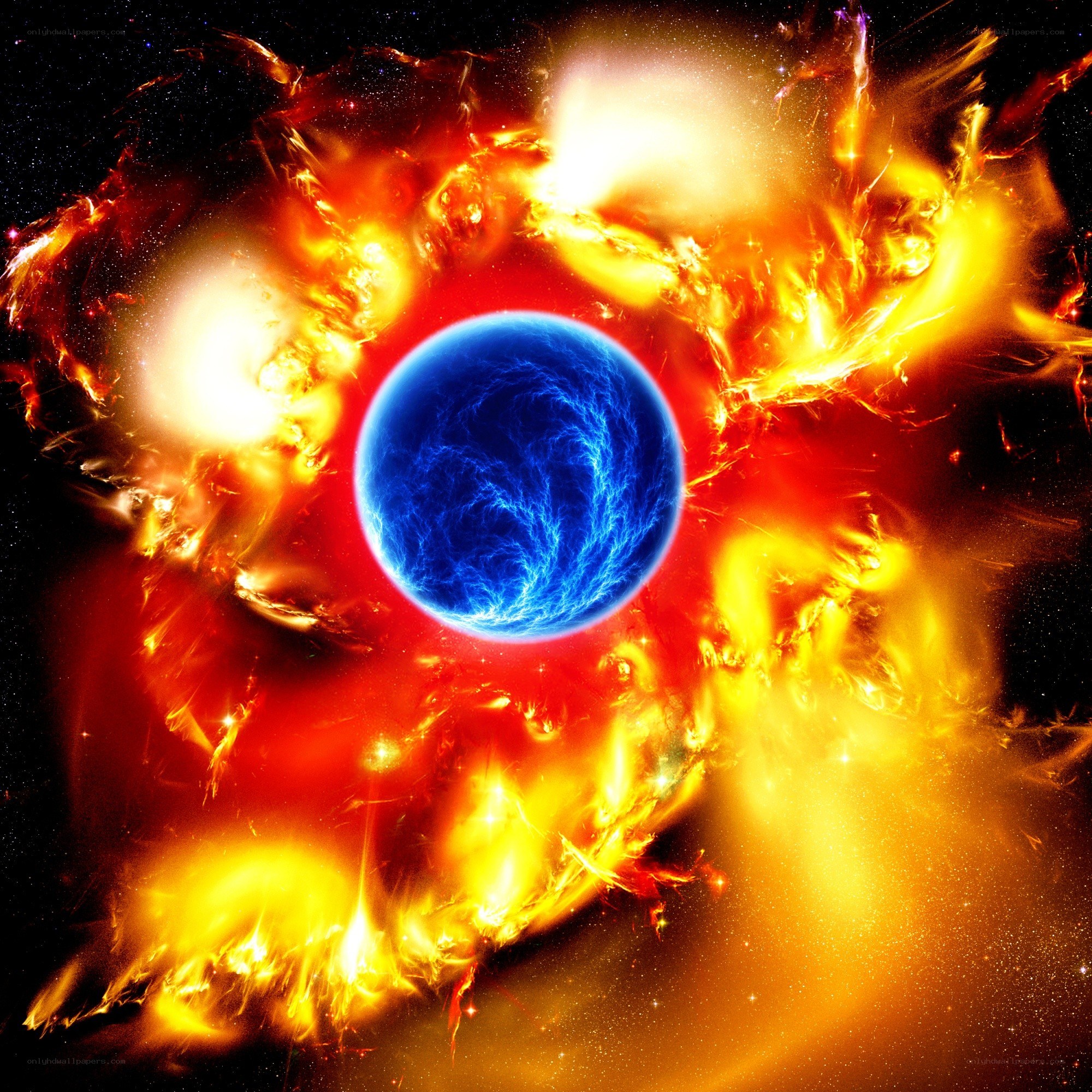 Blue planet in fiery nebula